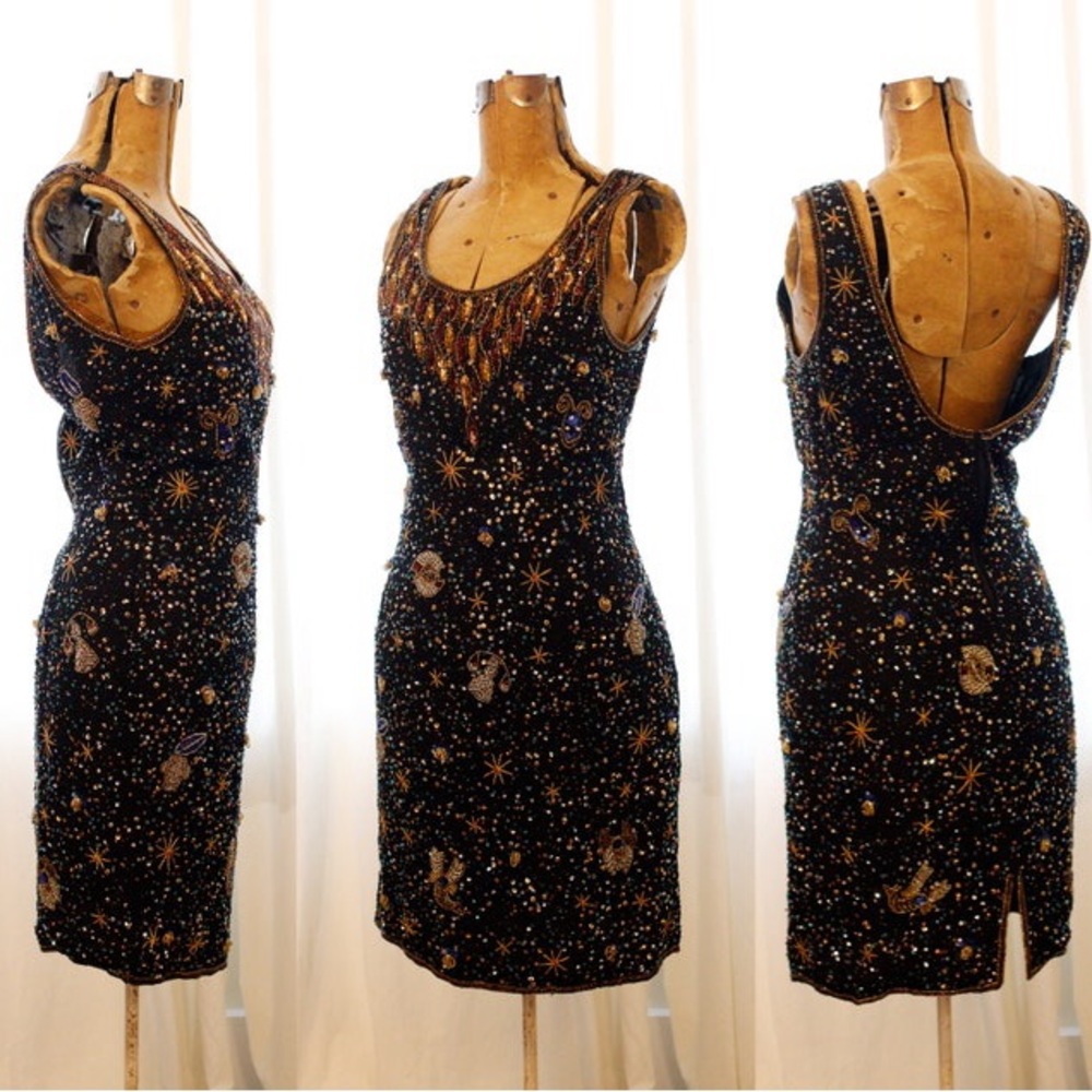 RARE Vintage SILK Golden Beaded Zodiac Astrology Constellation Sleeveless Dress